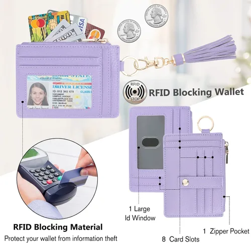 Vista 3 de Cartera llavero pulsera para mujer, delgado RFID tarjeta de crédito, monedero, borla llavero brazalete para hombres y mujeres, Púrpura