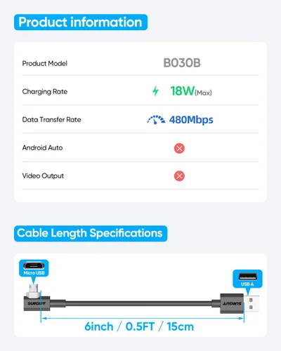 Vista 2 de SUNGUY Cable micro USB corto de 6 pulgadas de 90 grados, 2 unidades, cable micro USB de ángulo recto de carga rápida y sincronización de datos