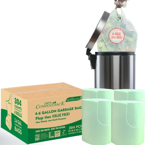 Vista 17 de BEIDOU-PAC Bolsas de basura compostables certificadas de 1.6 galones con asa, 125 bolsas de basura pequeñas de compost para cocina, bolsas de basura