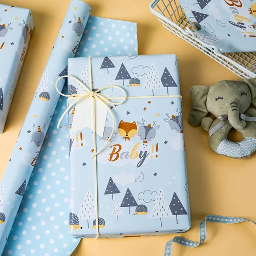 Vista 3 de Homeral Rollo de papel para envolver regalos azul para baby shower - Rollo mini - 17 pulgadas x 16.5 pies - Juego reversible de papel de regalo