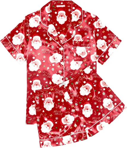 Vista 20 de Ekouaer Conjunto de pijama de satén de seda para mujer, suave, de manga corta, con botones, ropa para dormir, camiseta y pantalones cortos, juego