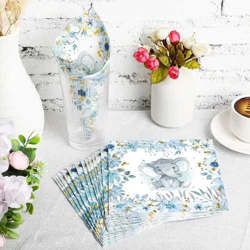 Vista 5 de Outus 100 servilletas de elefante azul para baby shower, decoraciones de baby shower para niños, cócteles, postres, servilletas de papel desechables