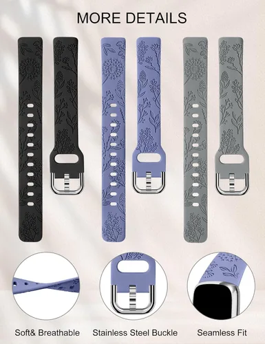 Vista 4 de Paquete de 3 correas compatibles con Fitbit Luxe para mujer, de silicona suave, con grabado floral, correa deportiva de diente de león, repuesto