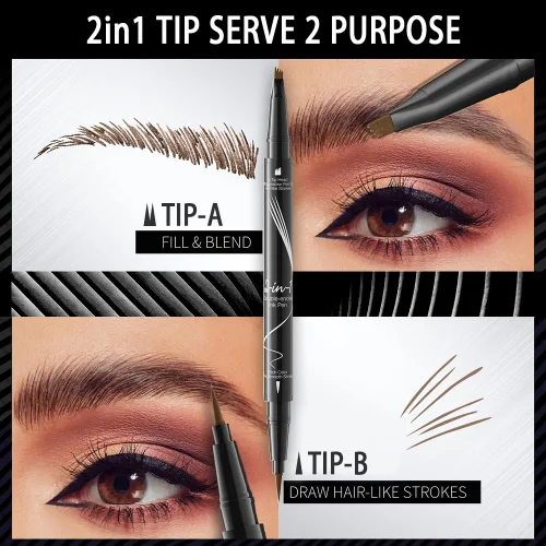 Vista 7 de Pinkiou Lápiz de cejas Microblading - Lápiz de cejas 2 en 1 de doble punta con 4 puntas de tenedor y cepillo de precisión, negro