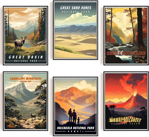 Vista 8 de SHOXREM Arte abstracto para pared del parque nacional: juego de 6 carteles de viaje para celebrar la decoración de pared de montaña, 8 pulgadas