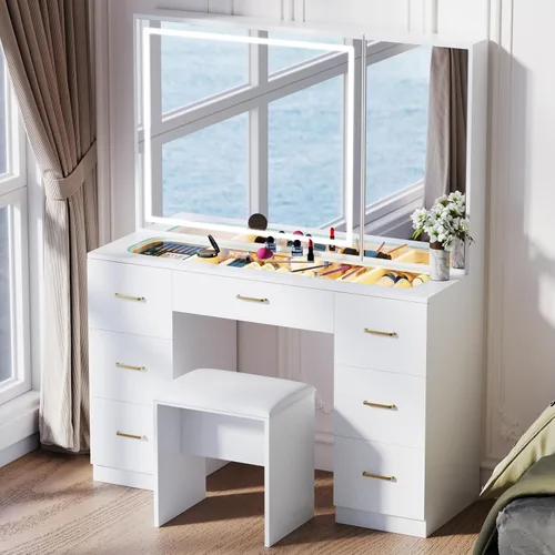 Vista 9 de Escritorio de tocador con espejo iluminado grande, tocador de maquillaje con parte superior de cristal, 7 cajones y brillo ajustable, mesa