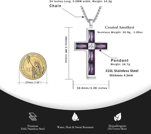 Vista 39 de Collar de cruz para hombre, piedras preciosas de color piedra natal de circonita cúbica, collar de acero inoxidable para hombre, cadena de 24
