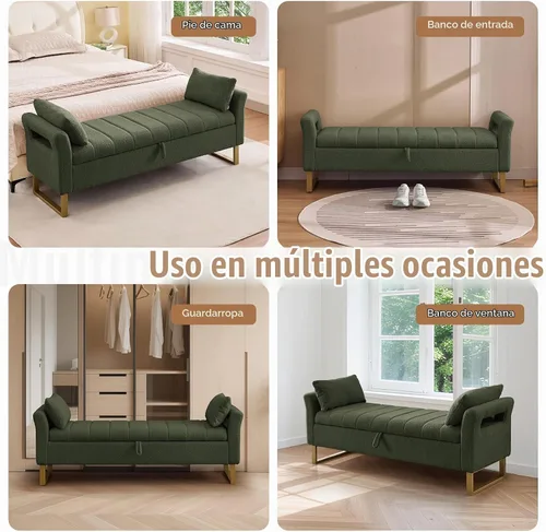 Vista 7 de Banco de almacenamiento de 66 pulgadas para dormitorio, banco tapizado en Verde oliva