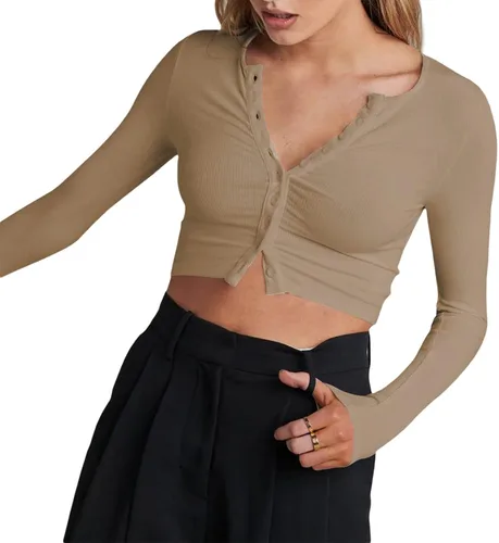 Vista 3 de Camiseta sexy de manga larga con botones para mujer, estilo Henley, talla Y2K 90, E-Girl Streetwear