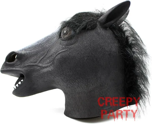 Vista 7 de CreepyPart máscara de látex con forma de cabeza de caballo para Halloween, color negro