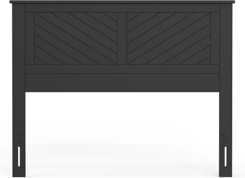 Vista 7 de ComfIQ Serene - Cabecera de madera de álamo tamaño completo en negro, panel de granja moderno con ranurado en chevron, estilo costero casual, fácil