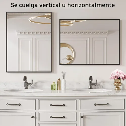 Vista 3 de LOAAO Espejo de Baño de Pared Rectangular Negro de 20"X30", Marco de Aleación de Aluminio Negro Mate, Vidrio Templado, se Cuelga Vertical u
