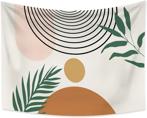 Vista 3 de Tapiz bohemio de mediados de siglo, moderno abstracto geométrico, tapiz con diseño de arco de sol, hojas verdes, tapices para colgar en la pared, 59