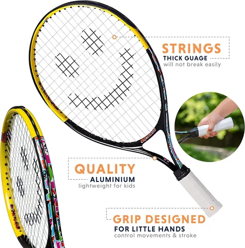 Vista 8 de Raqueta de tenis para niños con videos de entrenamiento – Raqueta de tenis juvenil de aluminio con mango de neopreno para niños de 5 a 12 años