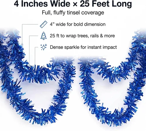 Vista 3 de Anderson's Guirnalda de oropel con purpurina azul metálico, decoración navideña de 25 pies, borde de árbol de Navidad, decoración de flotador
