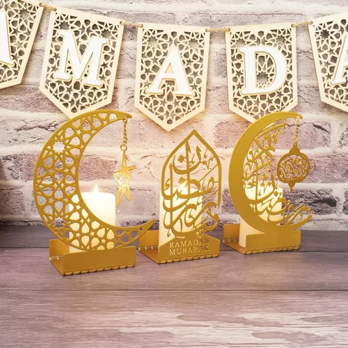 Vista 4 de 3 piezas de decoración de Ramadán de metal dorado para el hogar 2026, letrero de Eid Mubarak Kareem, centro de mesa islámico, decoración