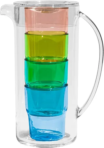 Vista 3 de TarHong Juego de jarras anidadas apiladas simples con 4 vasos de colores surtidos, 91 onzas, plástico premium, juego de 5 piezas
