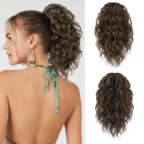 Vista 23 de Flufymooz Extensión de cola de caballo, extensión de cola de caballo corta de 12 pulgadas con pinza de garra, cabello ondulado rizado, clip