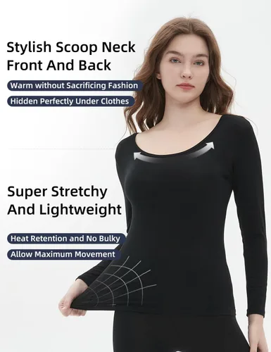 Vista 3 de Ropa interior térmica fina para mujer, conjunto de pantalones largos de cuello redondo, capa base