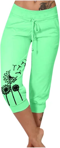 Vista 26 de Pantalones capri para mujer, estampado de diente de león, pantalones capri con cordón de cintura alta, elásticos, pantalones cortos de verano