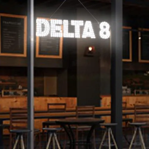 Vista 5 de Letreros LED grandes de Delta 8 de 30"x10" para negocios, diseño único súper brillante Letrero Delta 8 con instalación colgante, Letrero Delta 8