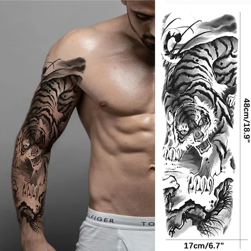 Vista 5 de Mangas temporales de tatuaje de bosque, brazo completo, lobo grande, león, animal, bosque, tribal, tatuajes falsos para hombres, mujeres y adultos