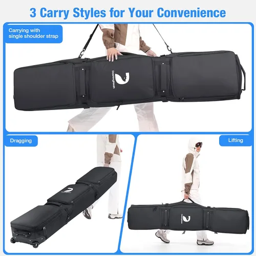 Vista 5 de DASHINGNOAH Bolsa impermeable para esquí con ruedas, doble bolsa rodante para snowboard para viajes aéreos, extensible de 155 cm a 187 cm, con 3
