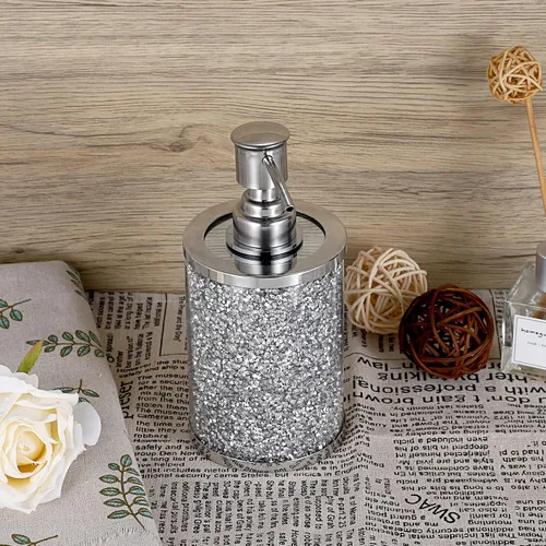 Vista 8 de JUXYES Botella dispensadora de jabón con diamantes triturados de cristal chispeante con bomba de acero inoxidable, lujoso dispensador de loción