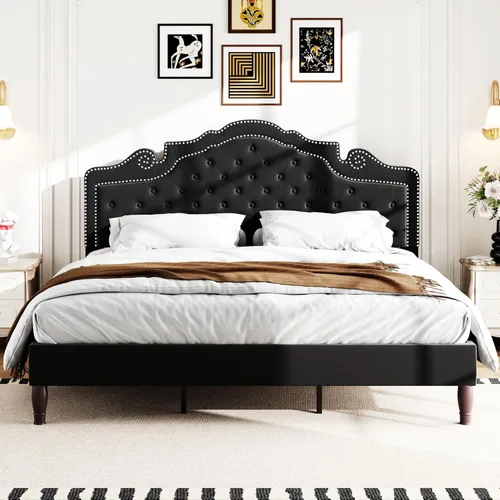 Vista 3 de WEEWAY Base de cama de plataforma tamaño King con tiara ajustable de terciopelo, cabecero curvado y alta resistencia, botón tapizado de diamante