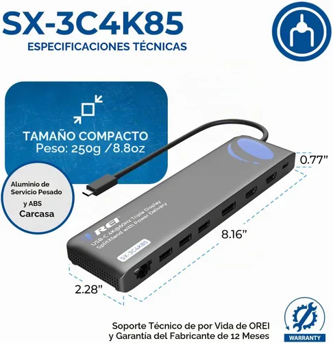 Vista 5 de OREI Estación de acoplamiento USB C Triple Monitor y base para portátil Estación de acoplamiento para laptop con 3 pantallas, 2 HDMI +