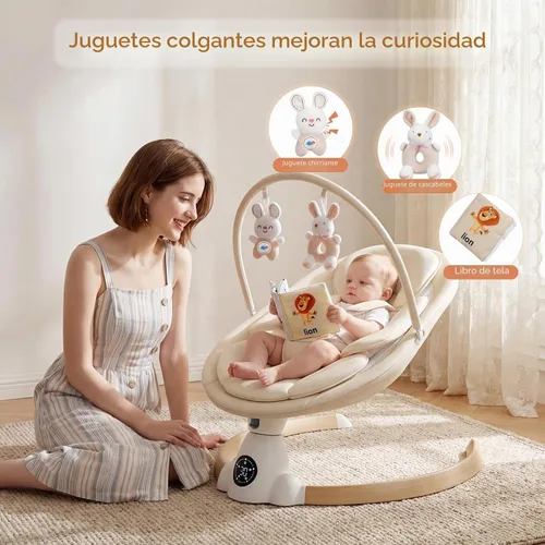 Vista 2 de Columpio eléctrico portátil para bebés con Bluetooth, 5 velocidades, 10 melodías, arnés de 5 puntos, control remoto y panel táctil, columpio Beige