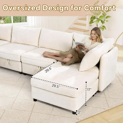 Vista 7 de 95.5" Sofá seccional modular de chenilla con almacenamiento oculto, sofá cama convertible en forma de L y U, sofá seccional moderno de 6 plazas