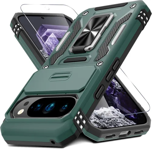 Vista 52 de DEERLAMN Funda para Google Pixel 8 con cubierta deslizante para cámara + protector de pantalla (1 paquete), soporte de anillo giratorio grado
