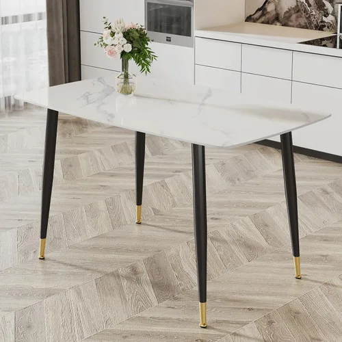 Vista 20 de Ebullient Mesa de comedor para 4, mesa de comedor rectangular de mármol, mesa de comedor de mármol sintético, mesa de comedor moderna con marco