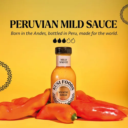 Vista 4 de Kusi Foods MYSTIC GOLD - Salsa picante peruana suave, hecha con chiles amarillos, plátano y charapita aji, afrutado, ligeramente dulce y picante