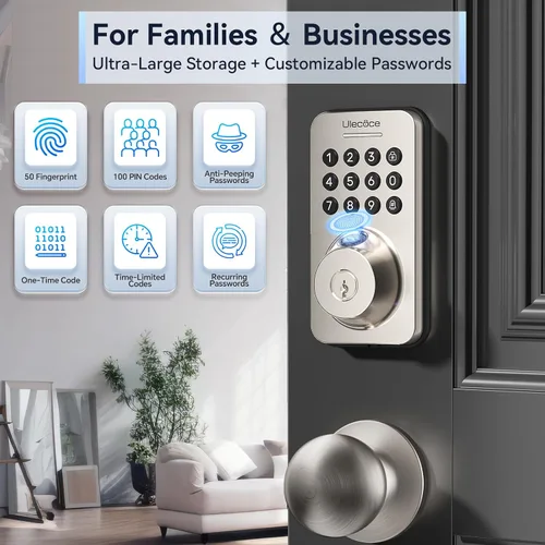 Vista 6 de U68W WiFi Fingerprint Smart Door Lock with Knob Set, Satin Nickel