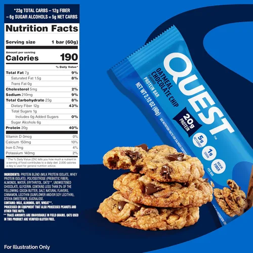 Vista 3 de Quest Nutrition Barra de proteínas con chispas de chocolate de avena, baja en carbohidratos, sin gluten, apta para ceto, 12