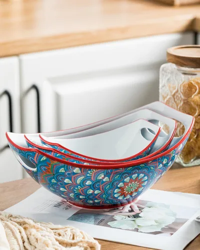 Vista 3 de LAUCHUH Tazones para servir con asas, platos de porcelana bohemia para entretener coloridos cuencos anidables para ensalada para cocina, fiesta