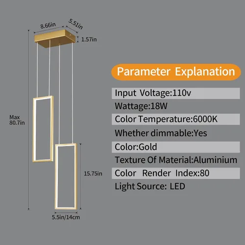 Vista 2 de Accesorio de Lámpara Colgante Moderna para Cocina Dorada 18W LED Lámpara Colgante 2 Anillos Candelabro Rectangular Iluminación Colgante para Isla