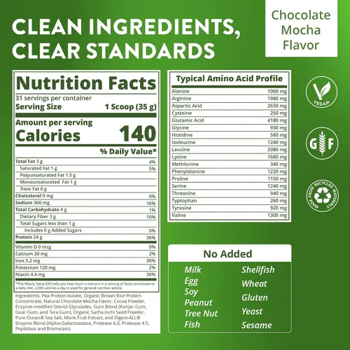 Vista 2 de MRM Nutrition Veggie Elite Performance Proteína Sabor a moca de chocolate Proteína a base de plantas Fácil de digerir Con BCAA Vegano +