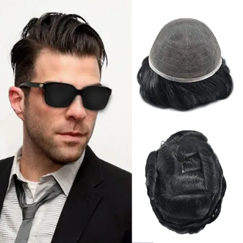Vista 42 de Completo suizo encaje tupé para hombres pieza de pelo real sistema de reemplazo de cabello humano para hombres Toupee Hairpieces para hombres 7x9