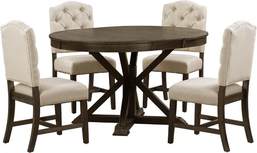 Vista 7 de Farmhouse - Juego de mesa de comedor de 5 piezas, mesa de comedor redonda extensible con 4 cómodas sillas tapizadas, juego de muebles funcionales