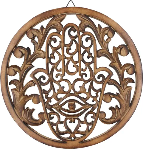 Vista 3 de DharmaObjects Hamsa hecha a mano de Fátima para el hogar, protección de bendición para el hogar, decoración rústica de madera, arte colgante (negro)