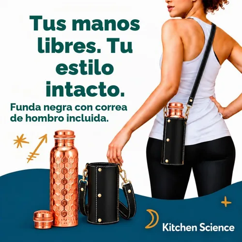 Vista 2 de Kitchen Science Auténtica botella ayurvédica de cobre (34 oz/33.8 fl oz) de cuero para agua potable Probado en laboratorio, a prueba de fugas