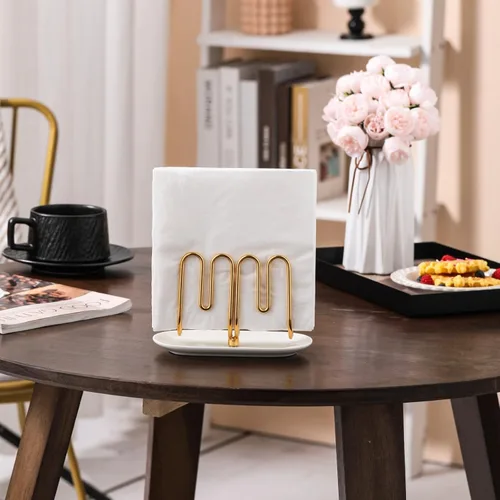 Vista 6 de Servilletero vertical de oro rosa con base de cerámica, moderno soporte desechable para toallas de mano para baño, pequeños servilleteros de cóctel