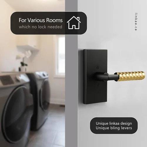 Vista 2 de Linkaa 2 Pack丨 Black Gold Dummy Door Handle Lever Knob for Closet Indoor Interior Dummy Door Pull for French Doors丨Reversible Levers丨No-Turning No