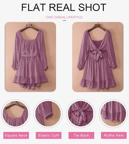 Vista 3 de Dokotoo Vestido largo para mujer, manga farol, cuello cuadrado, lazo sin espalda, vestido sexy con volantes, cintura elástica, acampanado, mini