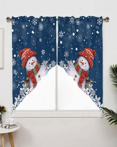 Vista 3 de BEMIGO Cortinas de cocina de Navidad, lindas cortinas de granja con muñeco de nieve azul, cenefa con bolsillo para barra de copos de nieve