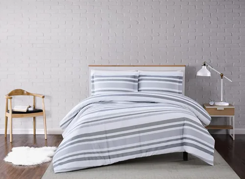 Vista 6 de TRULY SOFT Curtis Stripe - Juego de edredón de 2 piezas de poliéster blanco y gris, tamaño individual XL, con temática de rayas, para hombres