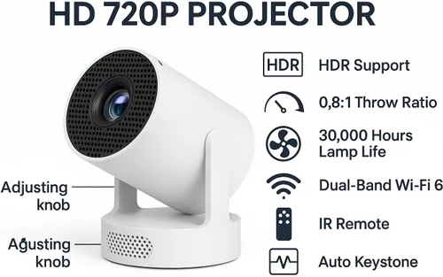 Vista 6 de [Usado] Mini proyector inteligente con Android TV, WiFi Bluetooth, soporte HD 1080P, Keystone automático, giro de 180°, proyector portátil de cine
